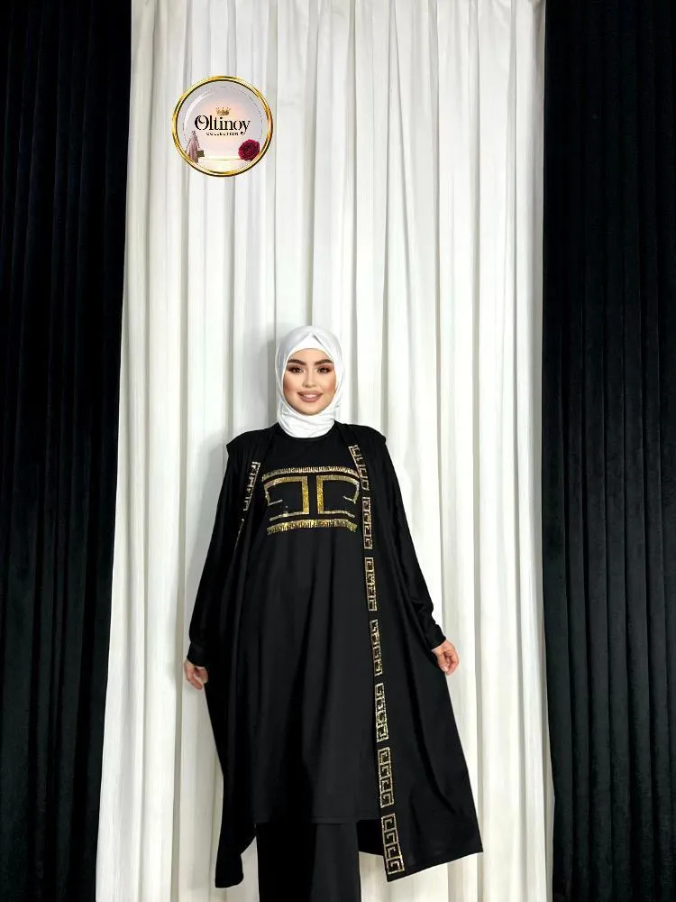Tilla naqshli troyka — qora va tilla — Oltinoy Collection optom